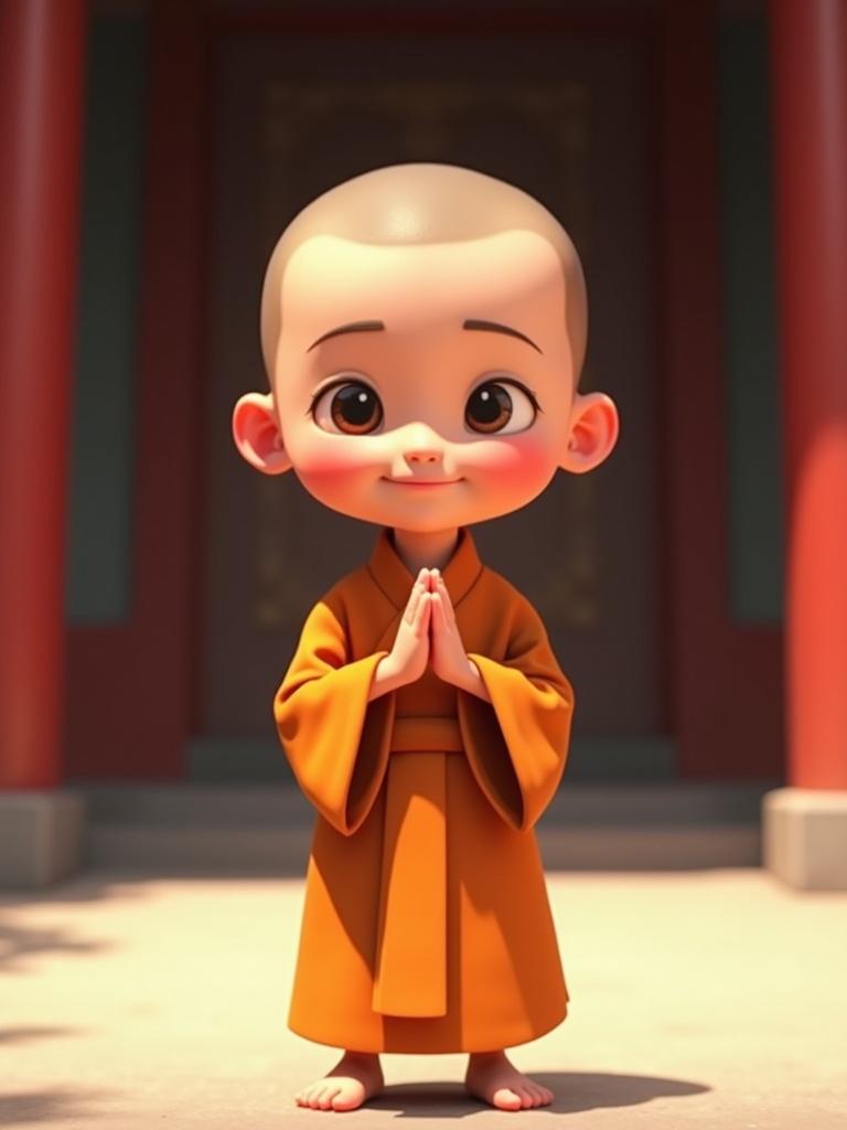 Cute animated child monk in an orange robe with hands in prayer at a temple entrance. The character stands at an entrance with a sense of peace and spirituality.