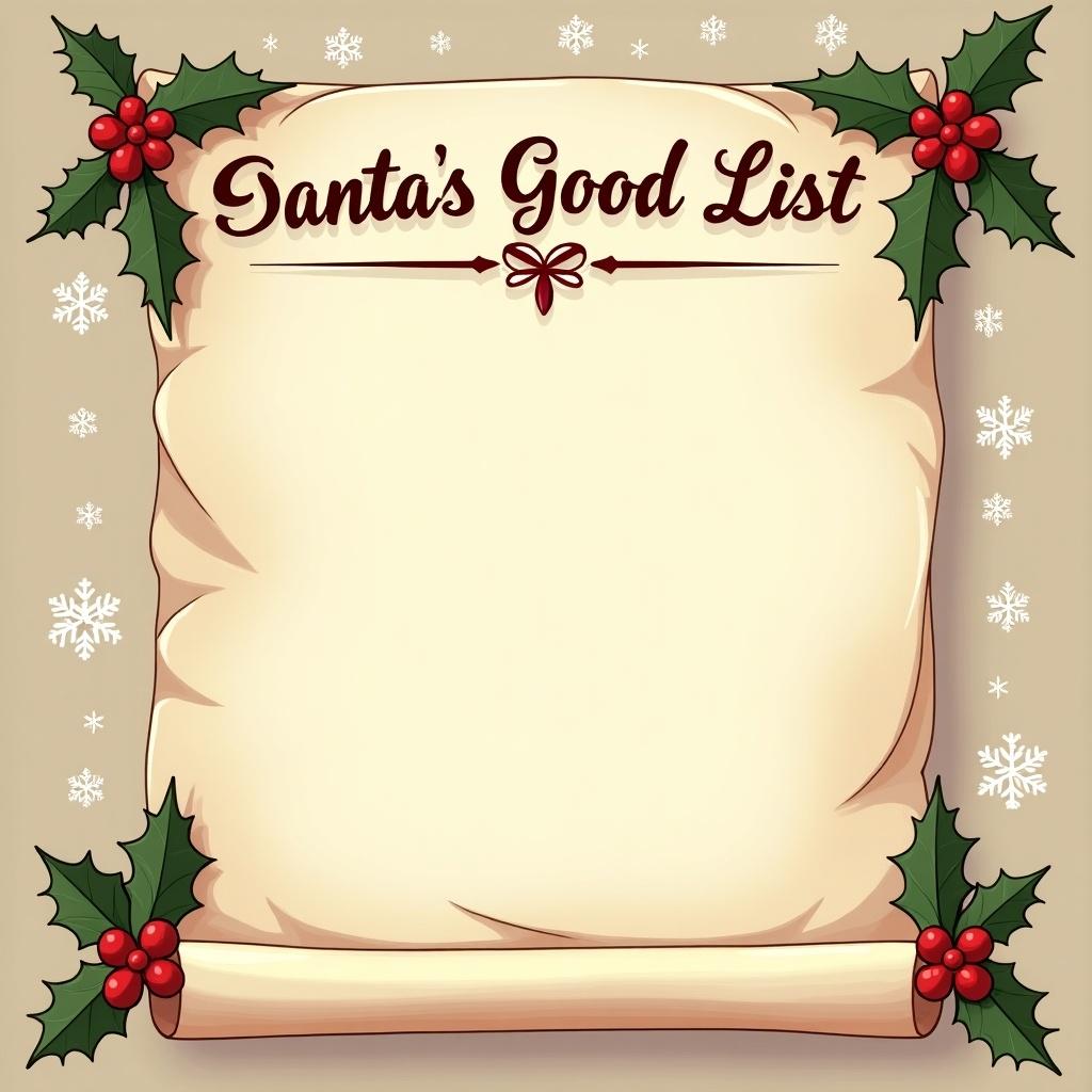 Image features Santa's Good List on scroll. Scroll has elegant lettering that says 'Santa's Good List'. Surrounding decorations include holly and snowflakes. The colors are warm, with reds and greens on beige background. The artwork embodies the joy and nostalgia of Christmas. Names Braedon, Chrystina, Greyson, Isaiah, Jared, Jayden, Michael, Thomas, William, Wyatt added.