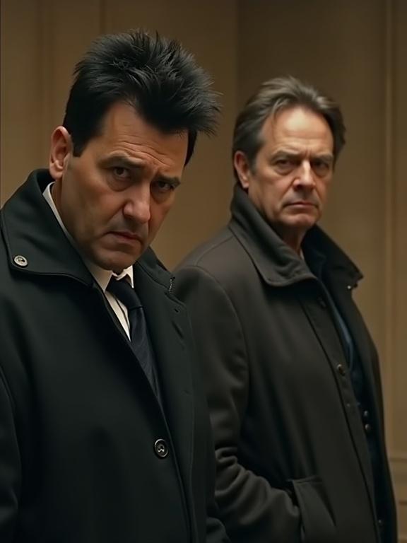 Photorealistic cinematic image of two men. One large man with spiky black hair and smart clothing stares menacingly. The other middle-aged man with a thin face and a long nose stands nearby. Both stare menacingly at the camera from a low angle.