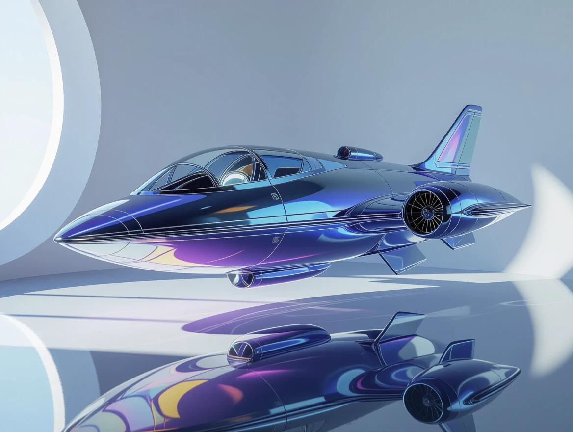 Hyper-realistic rendering of a futuristic spaceship made of uranium glass in a studio. Elegant art-deco design. Reflective surfaces highlighted by soft studio lighting. Minimal and dreamy aesthetic. Ultra-detailed glass rendering with iridescent sparkles and prismatic refractions. High-resolution still life.