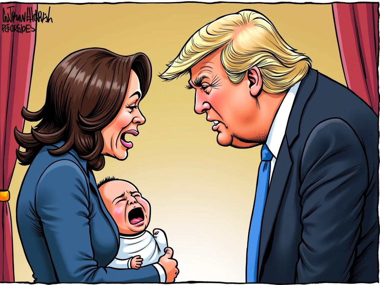 This political cartoon showcases a dramatic confrontation between Kamala Harris and Donald Trump. Kamala Harris is depicted crying in the fetal position, conveying a sense of defeat. In contrast, Donald Trump stands confidently, emphasizing the power dynamics at play. Their expressions dramatically reflect the tensions of the upcoming 2024 election campaign. The background features curtains, symbolizing the end of a political showdown. This illustration uses bold colors and exaggerated features to amplify the emotions involved in this political rivalry.