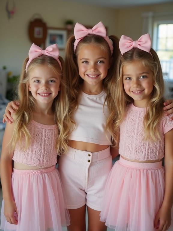 Three girls smiling at a birthday party. They wear matching pink outfits and bows. The setting is a bright living room.