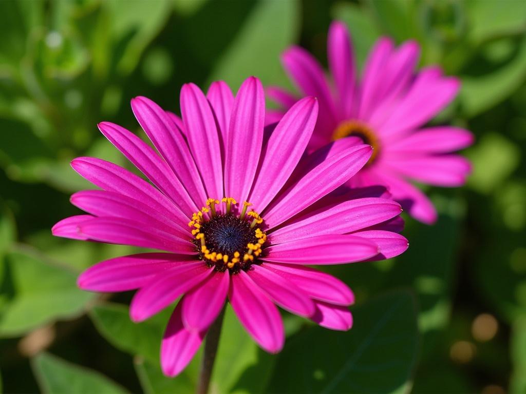 The image features two vibrant pink daisies in full bloom. The larger flower displays a rich and bright pink color with numerous yellow stamens at its center. The smaller flower, slightly blurred in the background, shares a similar shade but has a more delicate appearance. The petals of both flowers exhibit a fine line pattern that adds to their texture and beauty. A lush, green foliage surrounds the flowers, enhancing their colors and providing a natural backdrop. The lighting in the image is soft, giving a serene and pleasant atmosphere.