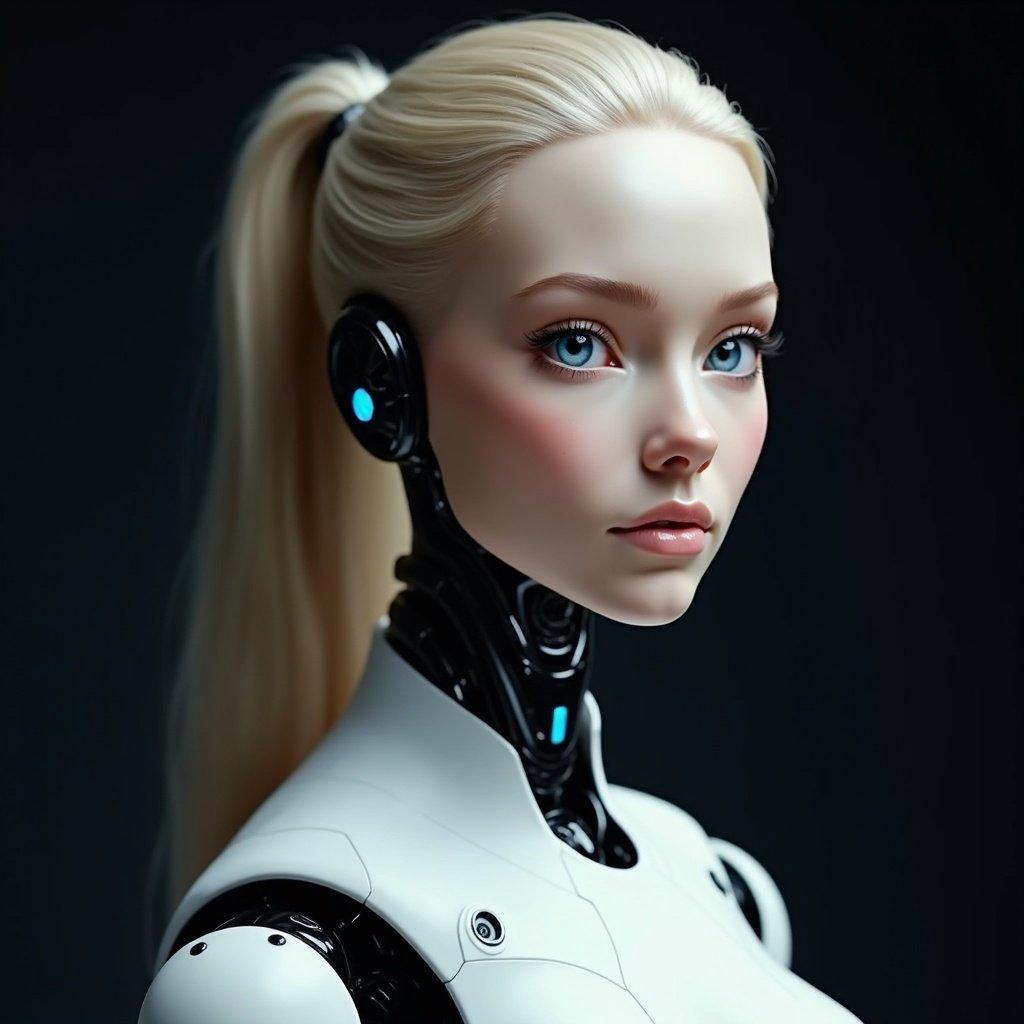 A female humanoid robot has smooth synthetic skin and expressive blue eyes. She has a ponytail hairstyle. The robot is set against a dark background. The lighter body of the robot stands out. The image depicts a blend of robotics and human traits.