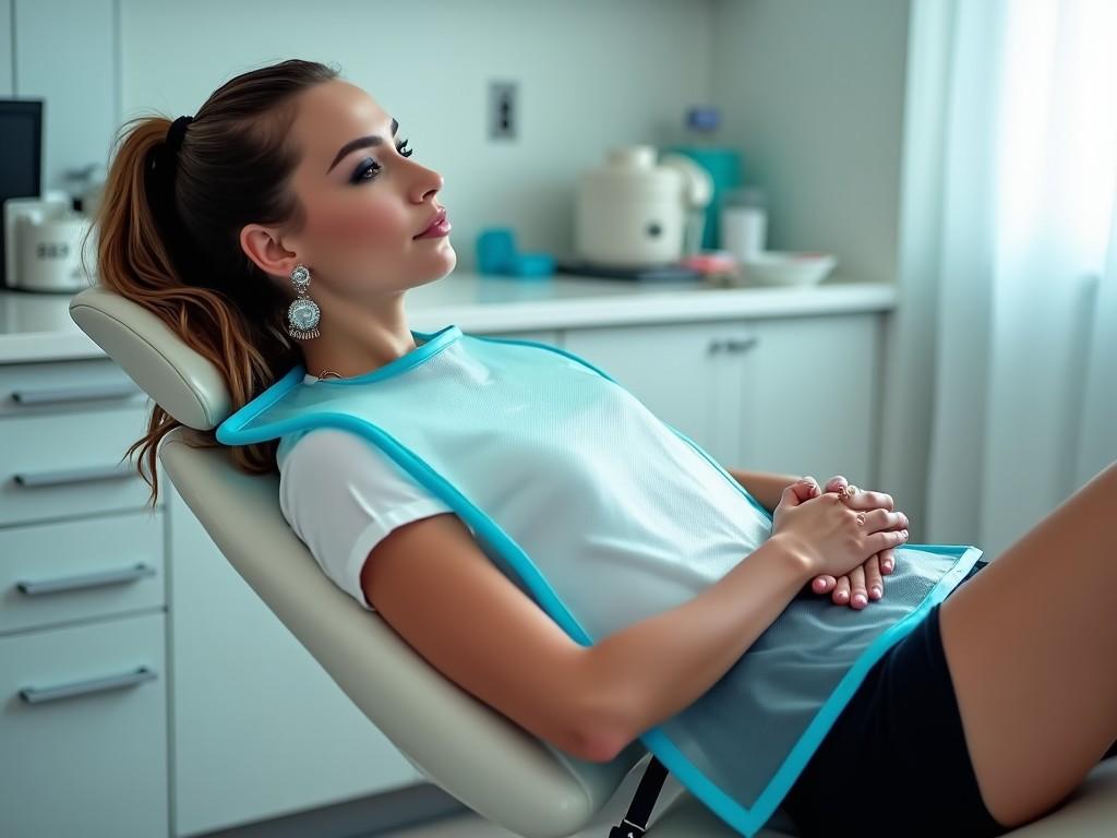 A woman from Turkey with a ponytail and stylish earrings is lying in a dentist chair. She is dressed in a white top and black hotpants, showcasing a modern look. The large clear PVC bib with blue edges covers her knees. The setting is a bright dental clinic, emphasizing cleanliness and comfort. Natural light filters through a nearby window, enhancing the serene atmosphere of the space.