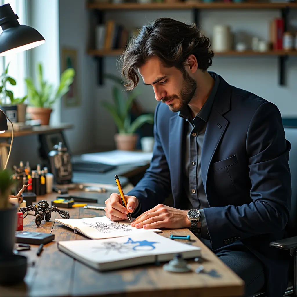 A focused individual in a suit draws intricate designs at a well-lit, creative workspace.