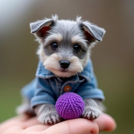 Tiny gray schnauzer puppy with a big smile sits comfortably on a person's fingertip. Dressed in a tiny jean jacket. His favorite mini purple ball rests beside him. Puppy has a tender sweet face with cheerful expression. Only his small body fits on one finger. His demeanor is very happy and cheerful.