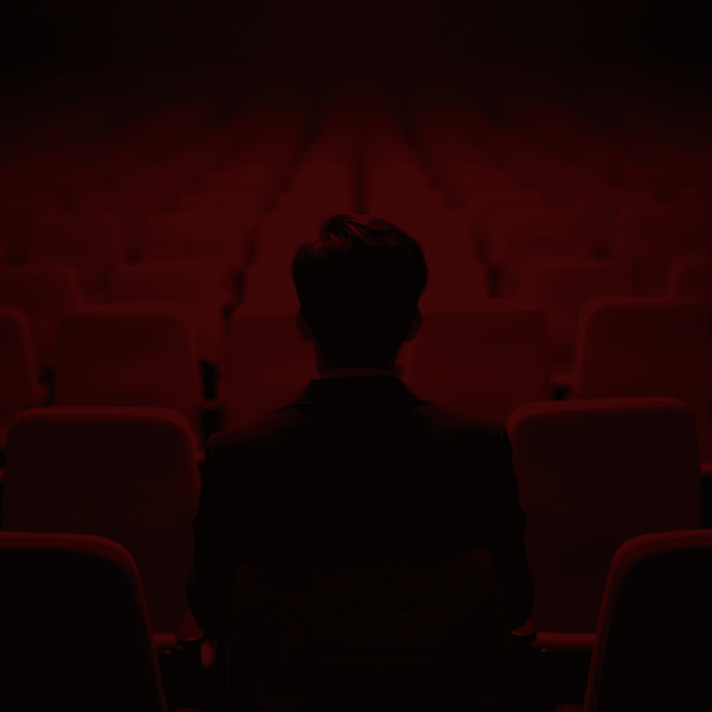 A man in a dark suit sits alone in an empty theater filled with red chairs, seen from behind.