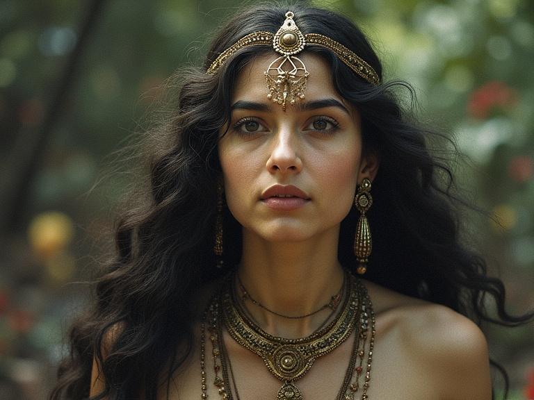 Cultural portrait of a woman with long hair. She wears ornate jewelry and an expressive look. The background is green with natural elements. The image captures beauty and emotion.