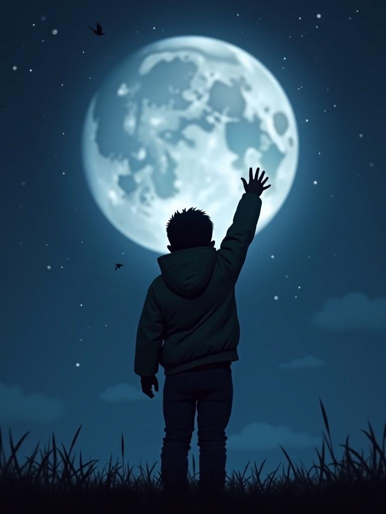 A boy reaching his hand towards the moon in the night sky. The scene is illuminated by a large, glowing moon surrounded by stars. The atmosphere is serene and magical, with the boy standing in a grassy field.