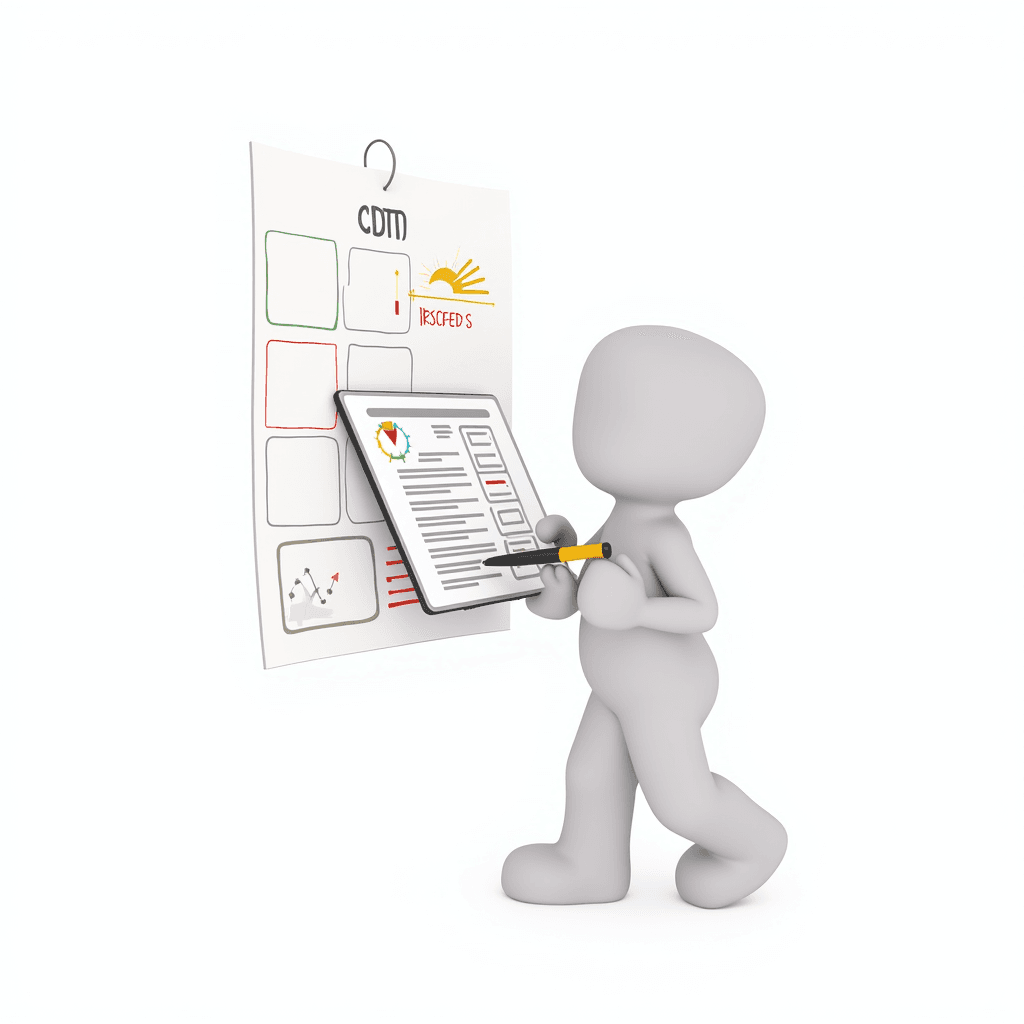 A 3D cartoon figure holding a large clipboard and standing in front of a hanging planner.