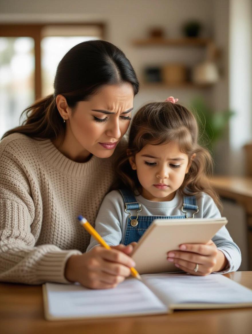 A mother assists her child with schoolwork. The mother holds a pencil while the child looks at a digital tablet. Soft warm lighting fills the room. The setting is modern and cozy with natural colors. The scene emphasizes a supportive learning environment in which emotions are expressed.