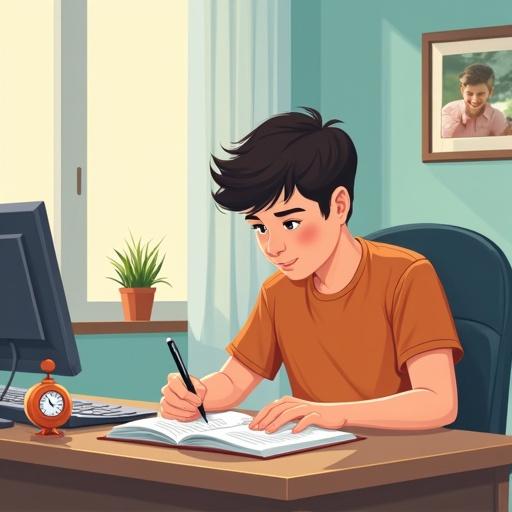 Cartoon style image of a student using the pomodoro technique to study. A kitchen timer appears on his desk to calculate the time.