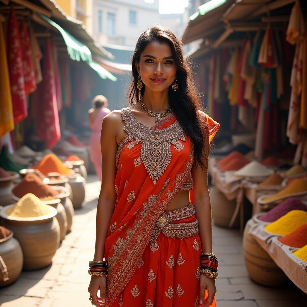 Indian woman wearing a vibrant red traditional saree in a bustling market setting surrounded by spices and textiles.