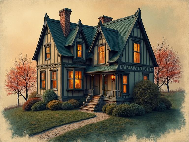 Artistic representation of an intricately designed house surrounded by soft landscaping. The house features warm, glowing windows. The setting evokes an atmosphere of mystery and inspiration. The colors are soft and inviting, capturing a sense of tranquility.