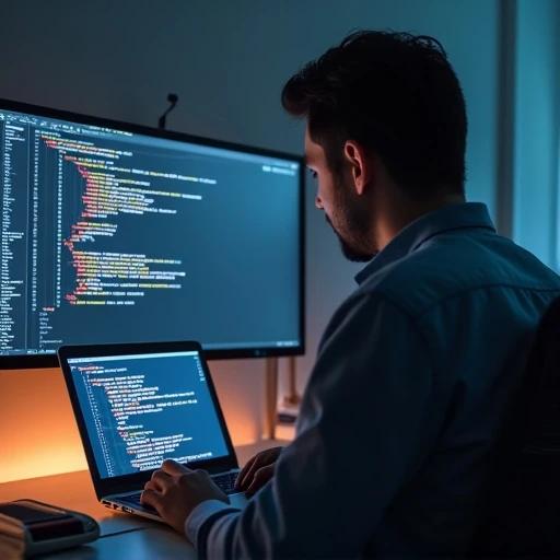 A man is typing on a MacBook at a desk. The setup includes two monitors showing code. This scene captures a moment of focused development. Light background creates a contrasting effect. Taken from behind, the environment is modern and tech-oriented.