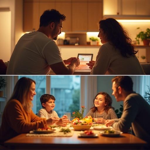 Living room scene with couple in casual loungewear looking together at inspection results. Dining room scene with couple and child eating together at a table, engaging in conversation with colorful meals. Soft warm lighting and cozy home atmosphere emphasized.