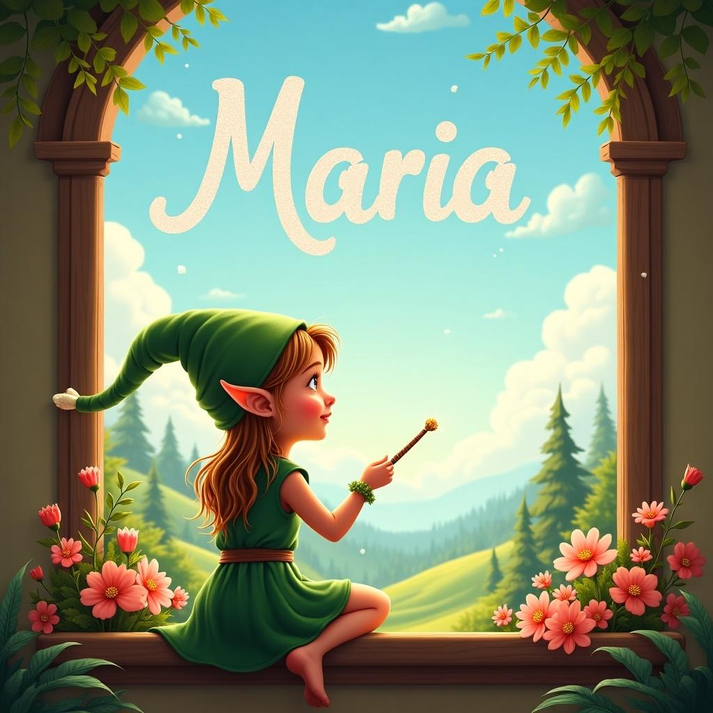 A cute girl elf named Maria sits on a window ledge, overlooking a beautiful landscape. She has pointed ears and is wearing a green dress and a matching hat. In her hand, she holds a wand, which she uses to write her name in the sky. Colorful flowers decorate the ledge, enhancing the magical atmosphere. The background features rolling hills and a bright blue sky filled with soft clouds. The scene is warm and inviting, perfect for children's literature and fantasy art.