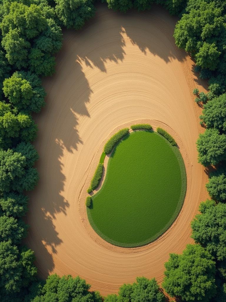 Aerial view of a 10-acre dirt area. A 3,000-square-foot section of grass is included. Surrounded by a forest. Natural lighting highlights the landscape.