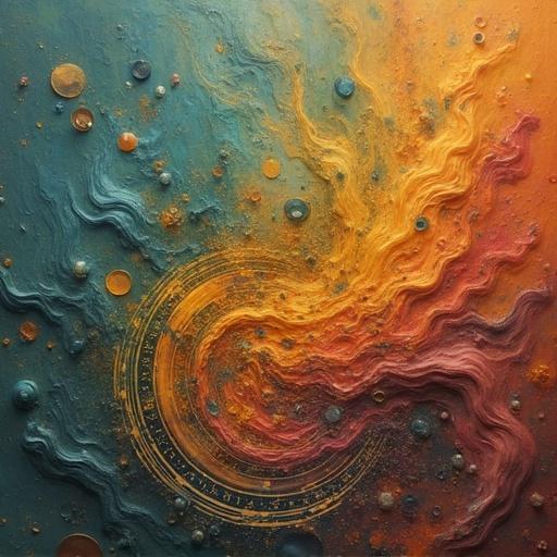 An abstract art piece with swirling orange and gold patterns. The image has cosmic elements and a textured surface. It creates a sense of movement and depth.