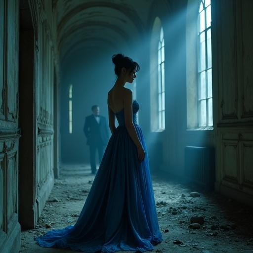 A figure dressed in an indigo silk gown stands in a dimly lit, crumbling mansion hallway. Soft light filters through tall windows. A blurred figure in a tuxedo is seen in the background. A crimson silhouette adds to the scene's tension and allure.