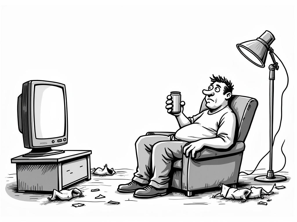 A black-and-white cartoon drawing depicts a man slouched in an armchair. He watches TV with a bored expression and holds a can of beer. The living room appears messy with chip bags on the floor and a crooked lamp in the background. The TV brightly lights his face while the image uses bold black lines and a simple style in landscape format.