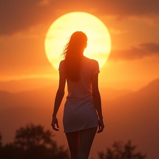Digital art depicts a woman standing empowered before a bright rising sun. The image embodies themes of transformation and hope, capturing the spirit of a new beginning.