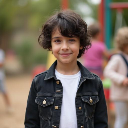 Nine-year-old boy with dark hair and magenta-purple eyes in a black denim jacket, white t-shirt, and shorts. He is smiling in a daycare playground setting.