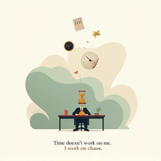 Surreal vector-style illustration with a figure at a minimalist desk in a transparent space. Figure has a cracked hourglass for a head, leaking golden sand upward. Background has muted round shapes in various colors with sharper floating elements like clocks and a calendar. Quote below reads: 'Time doesn't work on me. I work on chaos.'