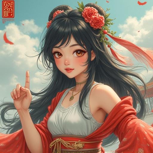 A young woman in traditional attire standing against a serene background. She has dark hair adorned with flowers. Her expression is inviting as she holds a finger up, suggesting she wants to speak. The background complements her attire.