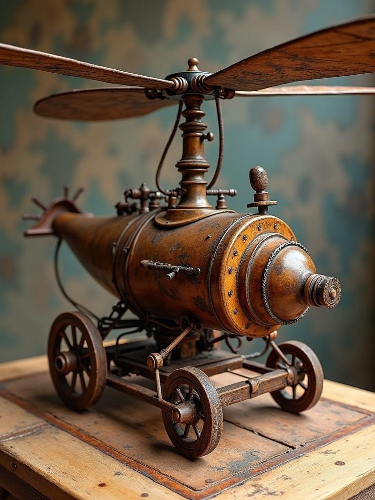 A steam boiler powered helicopter designed in the style of Leonardo da Vinci. This machine combines wood, leather, and tin. Four wagon wheels serve as landing gear. Built around a horizontal steam boiler. The rendering is meticulously detailed and hyper-realistic.