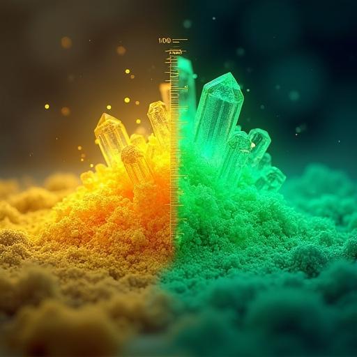 Create a scientific illustration of two different states. One state is amorphous yellow like sand and the other is crystalline green-emitting with growing crystals. Include a horizontal temperature scale showing cold crystallization at 80 °C. Add colorful fluorescence with yellow in the amorphous state and green in the crystalline state. The background should contrast with soft clouds for amorphous and sharp geometry for crystalline. Ensure a clean layout for a chemistry journal cover.