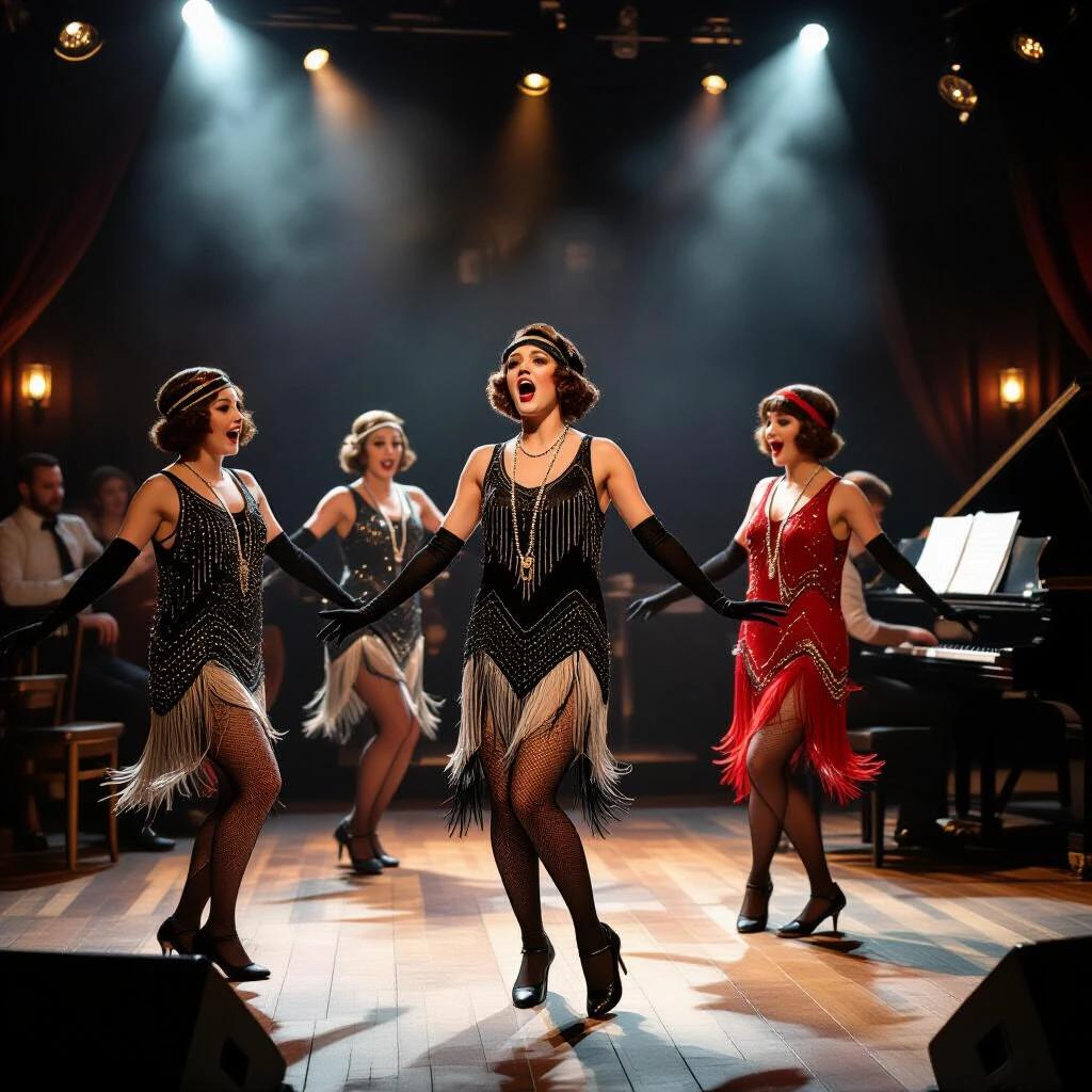 A scene set in a 1920s speakeasy. Flappers rehearse a choreographed dance on stage. The venue is dimly lit creating a lively yet intimate feel. A choreographer provides instructions energetically. A piano plays a rhythmic tune in the background.