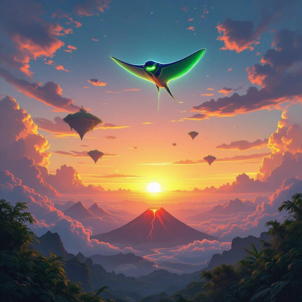 A breathtaking alien landscape portraying a double sunset. Neon colored sky blending shades of purple, blue, and orange. Floating islands hover above in silhouette. A sleek manta ray-like avian creature glides across the sky, its belly glowing green. Below, a lush jungle and an active volcano are visible, creating an inviting yet mysterious scene.
