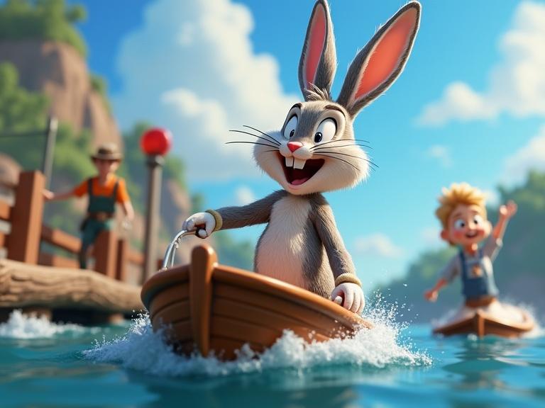 A laughing bunny is stealing a boat from a dock. The dock attendant is waving in fury. The scene is styled like a Pixar 3D cartoon.