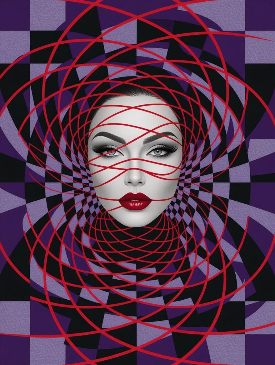 Digital art featuring an optical illusion. A face surrounded by V-shaped red latex strings. Stripes create a swirling spiral pattern. Background has large purple and gray checkered patterns. Design evokes movement and dimensionality.