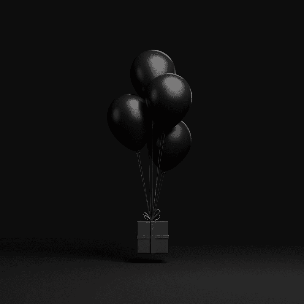 A set of black balloons lifting a black gift box against a dark background.