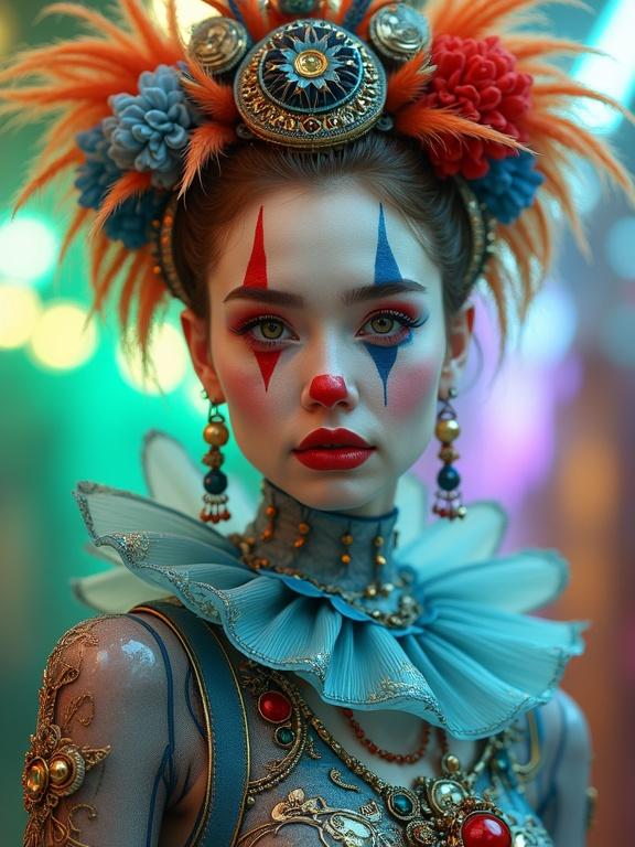 A young woman depicted as a stylized clown. She has clown makeup with bright colors. She wears elaborate mechanical-looking clothing. The background has vibrant colors. The lighting highlights her face. The composition focuses on her upper body.