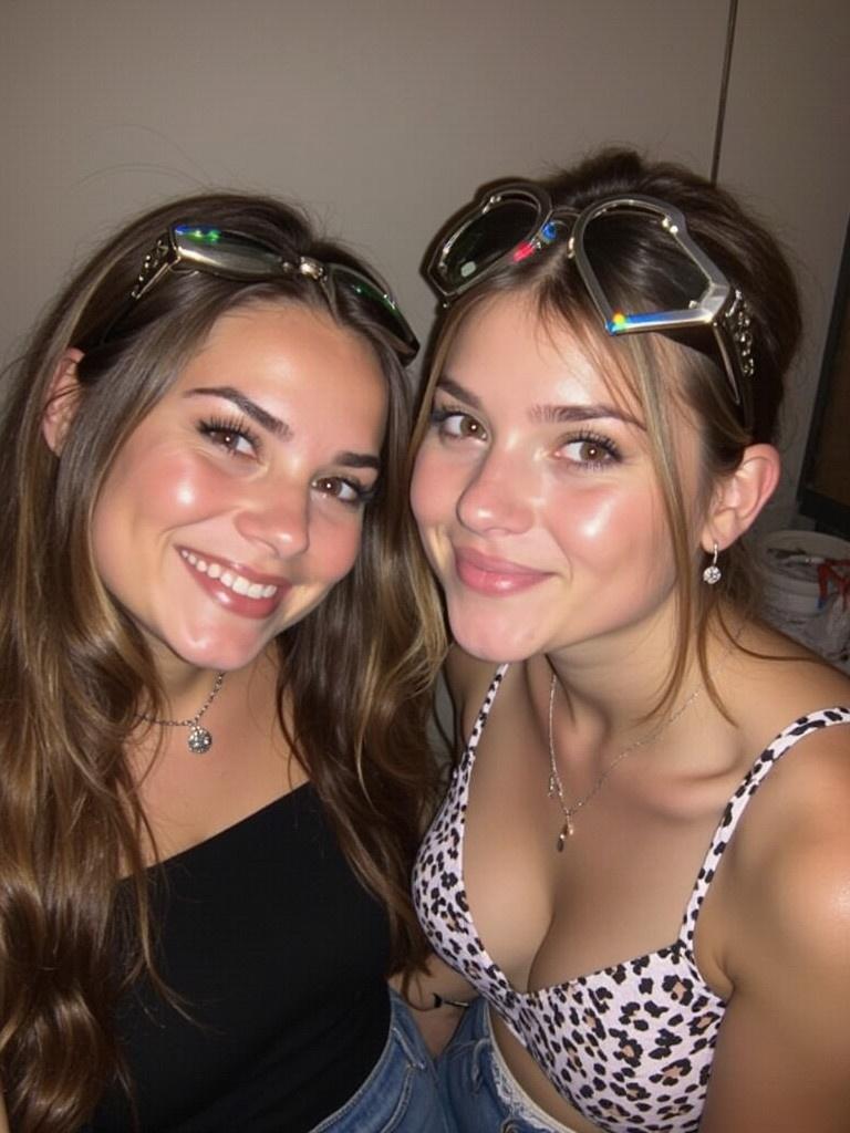 Two women celebrate and pose together. One wears a black top; the other wears a leopard print top. Both have stylish sunglasses. The background is a simple indoor setting. Happy young women smiling together.