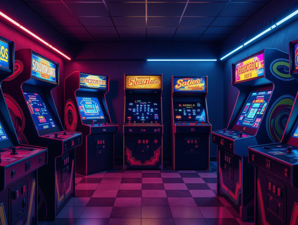 Retro indoor game arcade featuring 4 to 5 unique vintage arcade machines. Each machine showcases distinct cabinet designs and screen art. Machines are arranged in a clean layout with detailed flooring. Ambient lighting has a moody feel with colorful neon glows. Ceiling features visible lights or panels. The overall aesthetic evokes nostalgia for 80s and 90s gaming. Photorealistic rendering in 8k resolution captures sharp details and clear screen graphics with reflections.