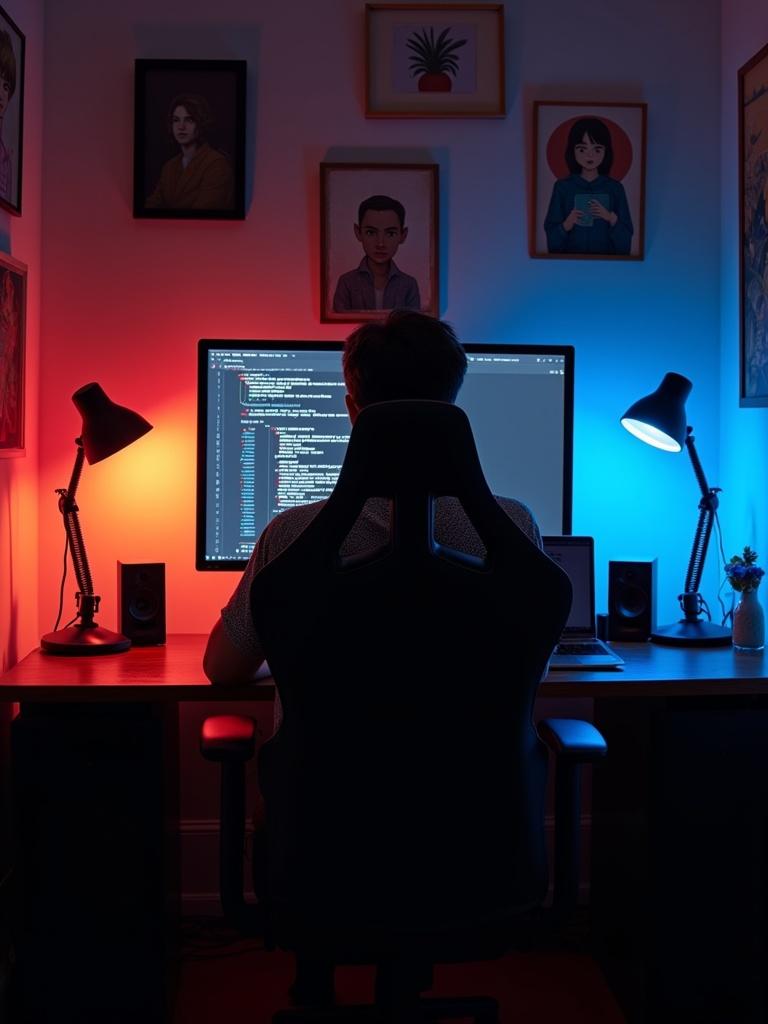 Dimly lit computer workstation with artistic vibe. Large widescreen monitor displays code. Red and blue lighting creates contrast. Stylish lamps illuminate desk. Gaming chair in front of desk. Walls adorned with eclectic artwork. Speakers and personal items enhance cozy atmosphere. Student engaged in programming task.