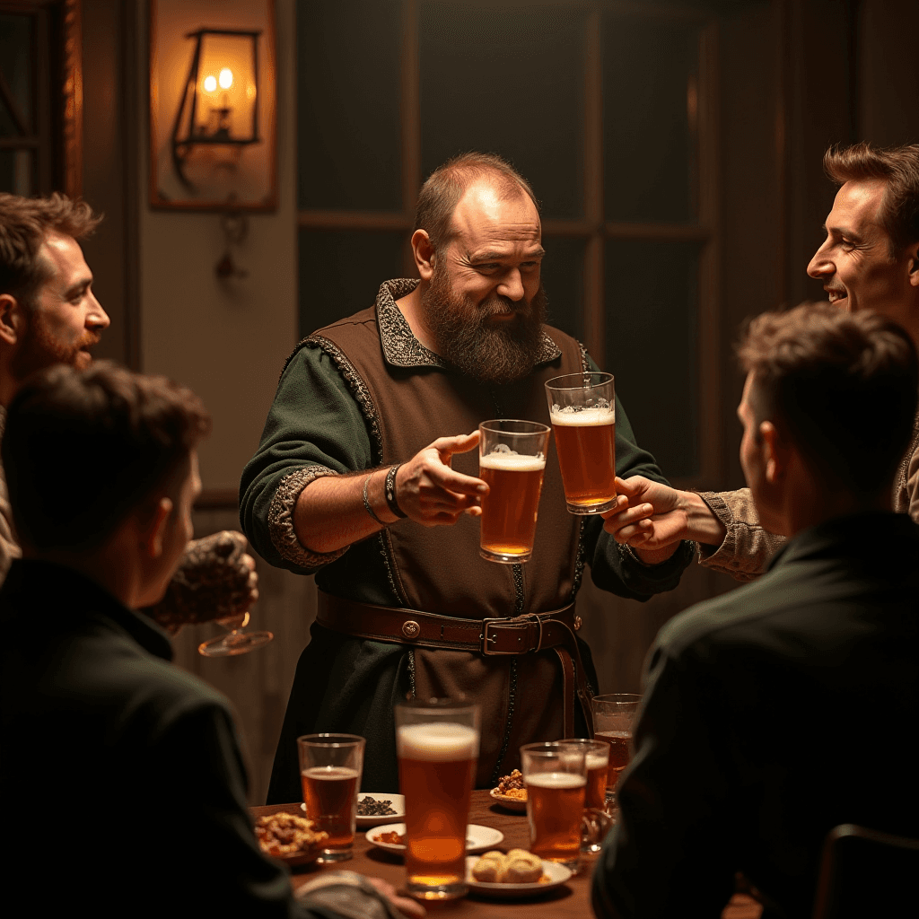 Five men in medieval-style attire cheer with beer glasses around a wooden table with snacks, under warm tavern lighting.