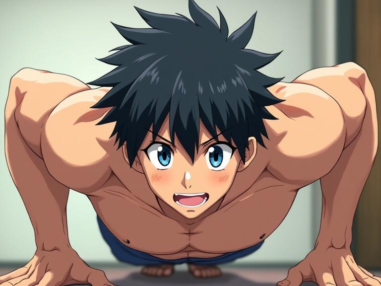 A male muscular character with black hair and blue eyes is performing push-ups. The character looks determined and energetic while showcasing prominent muscle definition.