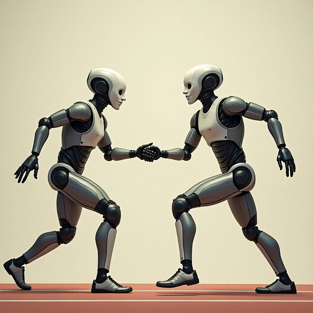 Two robots shaking hands in a relay race. One robot appears to be passing a baton to another. Background is simple and minimalistic.