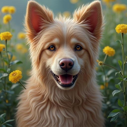 A happy golden dog in a flower field. The dog is smiling and looks cheerful. The background has yellow flowers and soft natural lighting. A warm atmosphere with a realistic portrayal.
