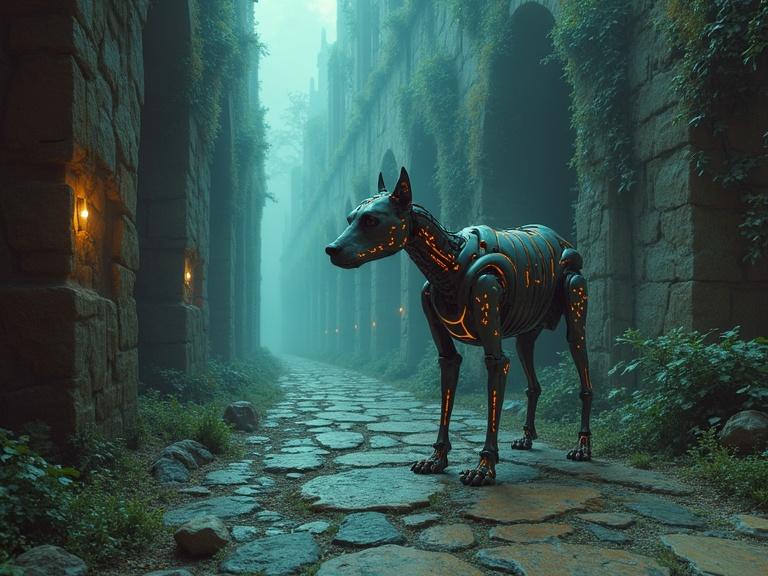 Create a captivating scene of a sophisticated skeleton robot dog in a labyrinth. Stone walls form intricate paths. The atmosphere merges cyberpunk and fantasy elements with detailed lighting and a vibrant digital art style.