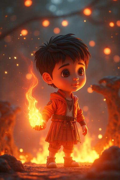 A young child in a vibrant 3D cartoon style stands confidently in a magical forest. He holds a small flame in his hand, surrounded by glowing embers. Warm colors dominate the scene with a mystical atmosphere.