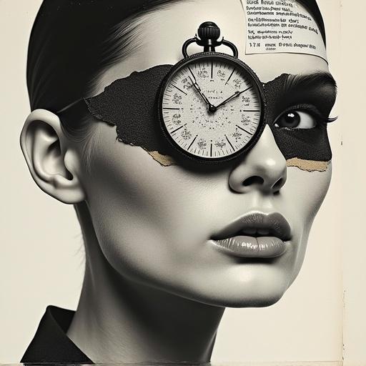 Fashion editorial with model in studio setting. Composed of torn paper textures and halftone dots. Stopwatch replaces one eye. Retouched sections with specific opacity balance. A blend of Dadaist aesthetics and high-fashion styling.