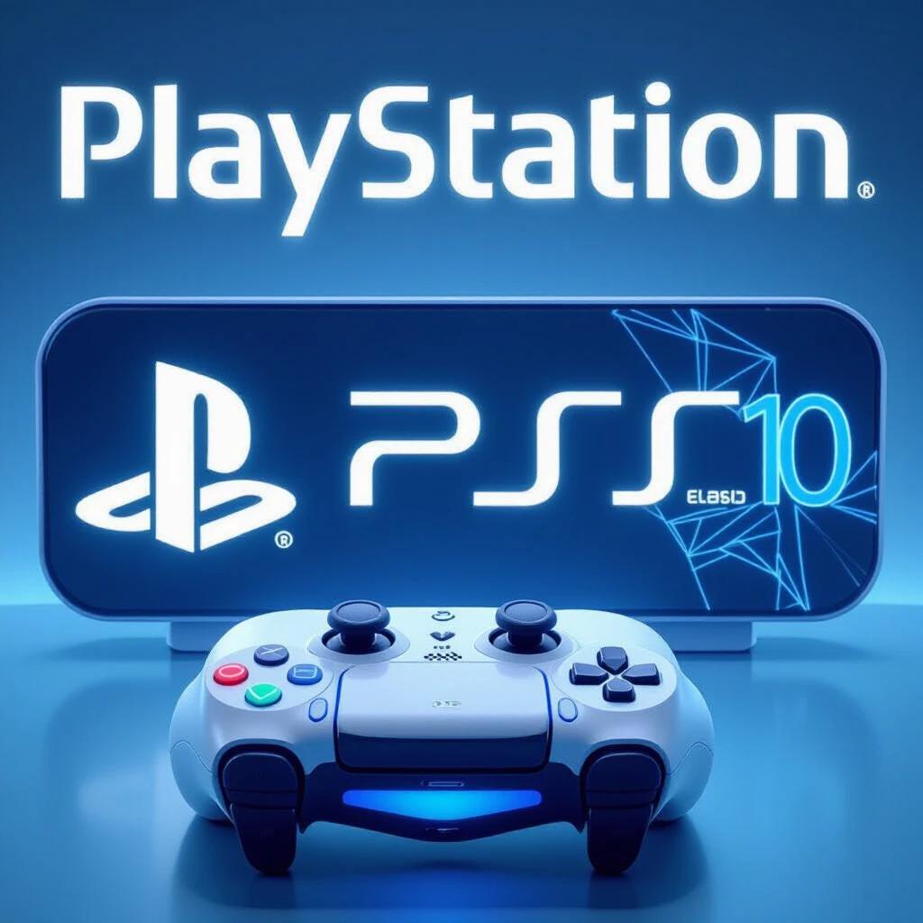 PlayStation 10 logo displayed prominently white and blue colors. A PS5 controller sits in front of a glowing screen featuring the PlayStation logo.