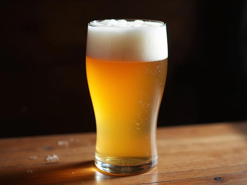 A close-up image of a frosty glass of beer resting on a wooden table. The glass is filled to the brim, with a thick white foam spilling over the top. The beer is a light golden color, with bubbles rising to the surface. The background is dark and slightly blurred, emphasizing the beer. The wooden table adds a rustic touch to the setting. The lighting is warm and inviting, making the beer look refreshing.